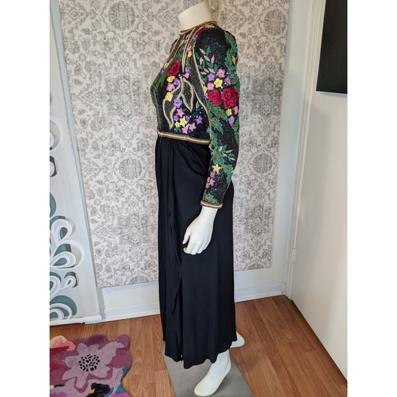 Richilene 1970s 1980s Floral Sequin Embroidered Beaded Gown - Picture 4 of 12